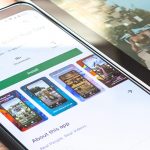 Recently sanctioned application TikTok download page on Google's Play Store is displayed on a Pixel 4xl while a TikTok video plays on a tablet to the right of the phone.