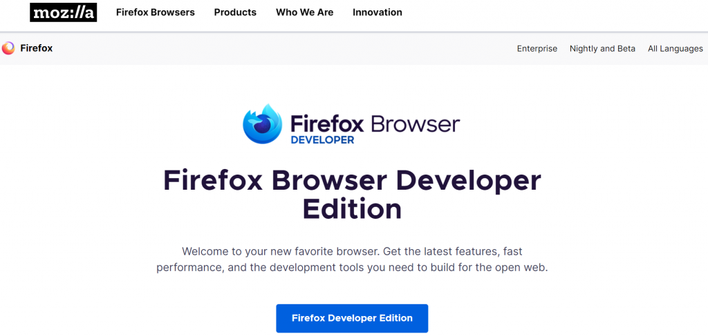 Firefox Developer Edition homepage