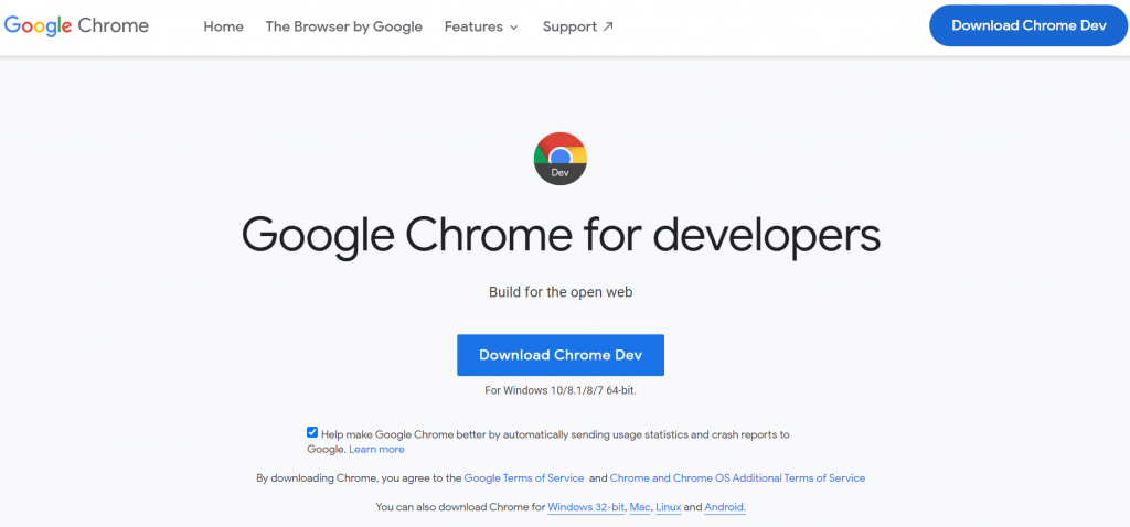 Google Chrome Developer Tools homepage