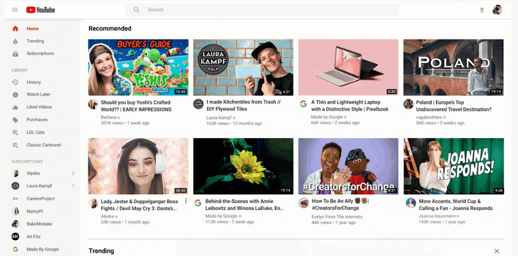 YouTube homepage