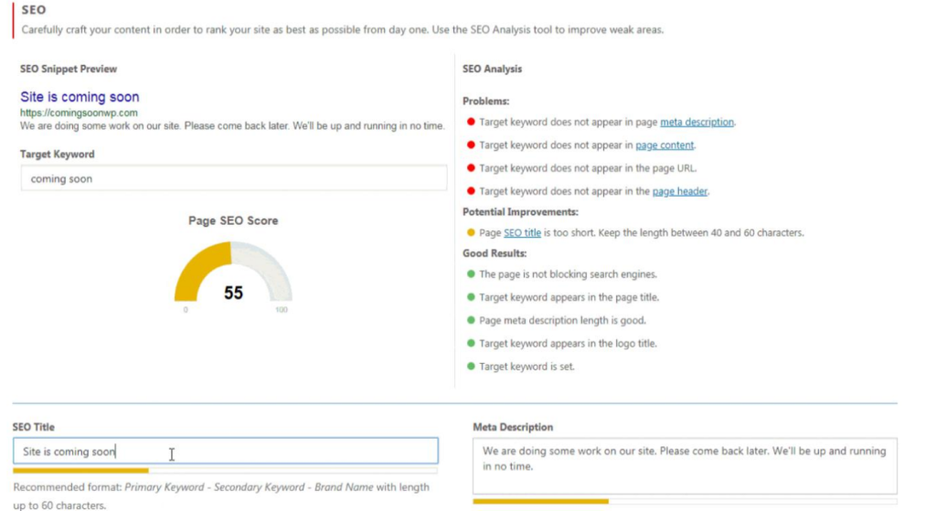 Coming Soon SEO tab