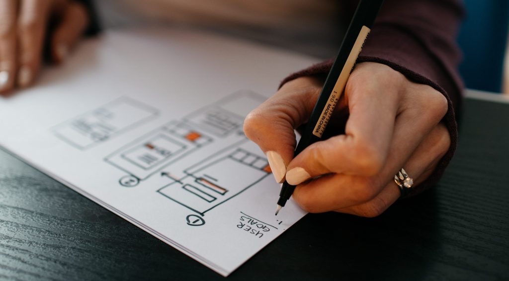 UX Work: Woman's hands drawing a wireframe